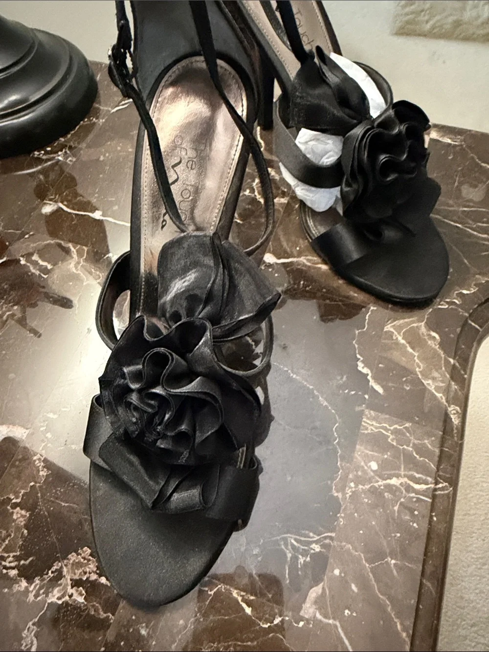 Touch of Nina Black Satin Floral Rosette Strappy Heels